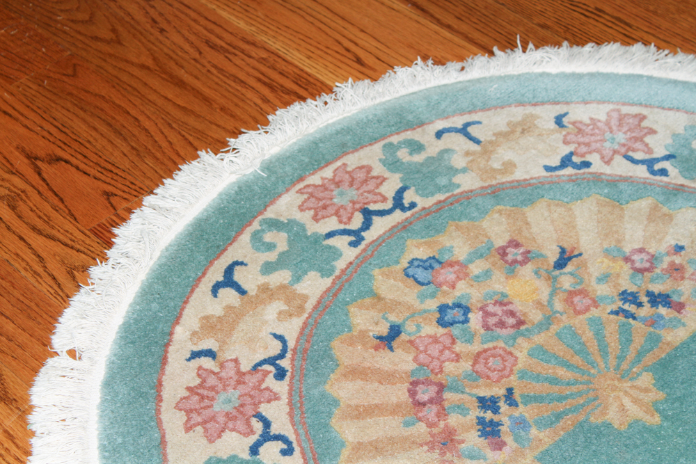 Teal Oval Rug with Fan Motif