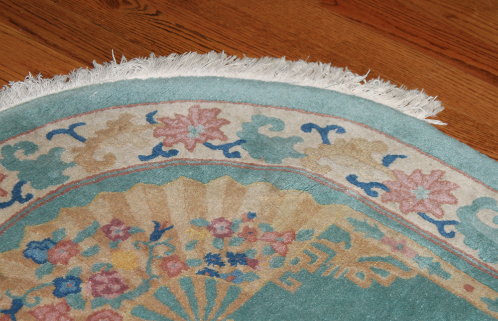 Teal Oval Rug with Fan Motif