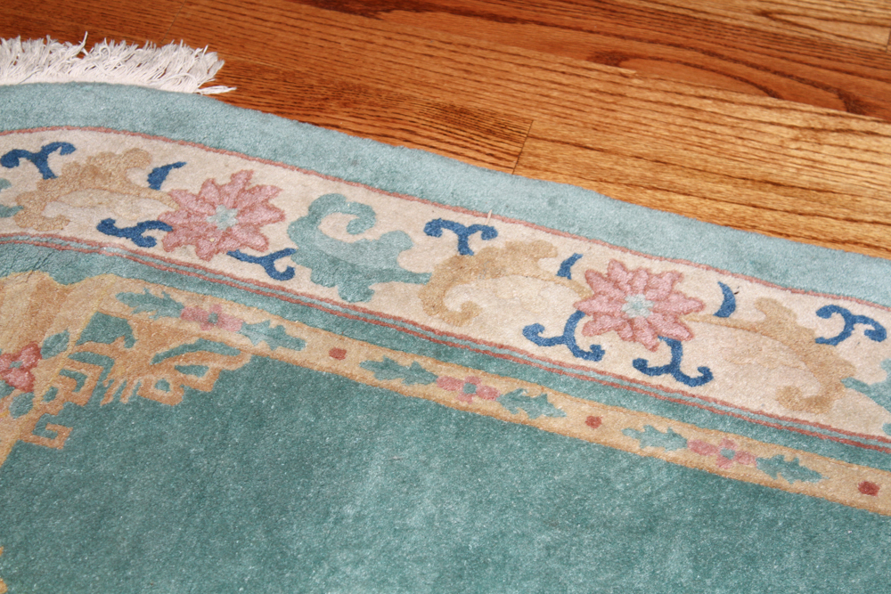 Teal Oval Rug with Fan Motif