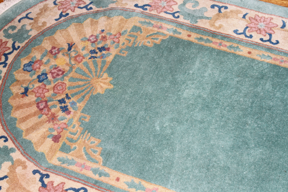 Teal Oval Rug with Fan Motif
