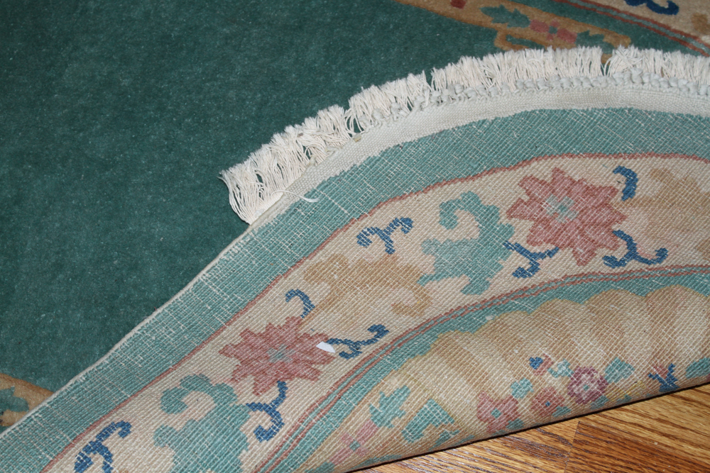 Teal Oval Rug with Fan Motif