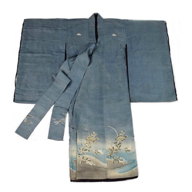 Japanese Meiji Period (circa 1900) Hand Painted Silk Katzome, Child's Kimono in Pale Blue