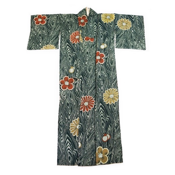 Showa Period Urushi Metalic Faux Bois Kimono