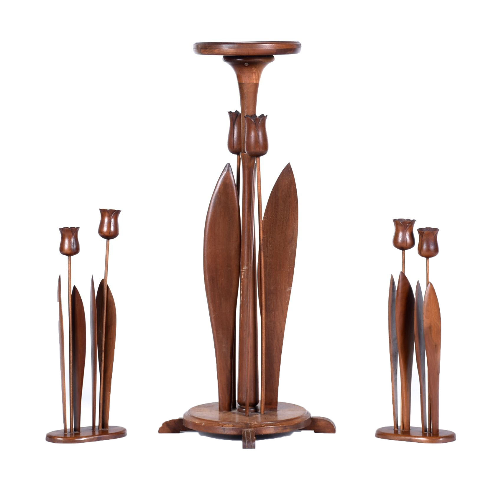 Vintage Swedish Wooden Tulip Plant Stand and Candleholders
