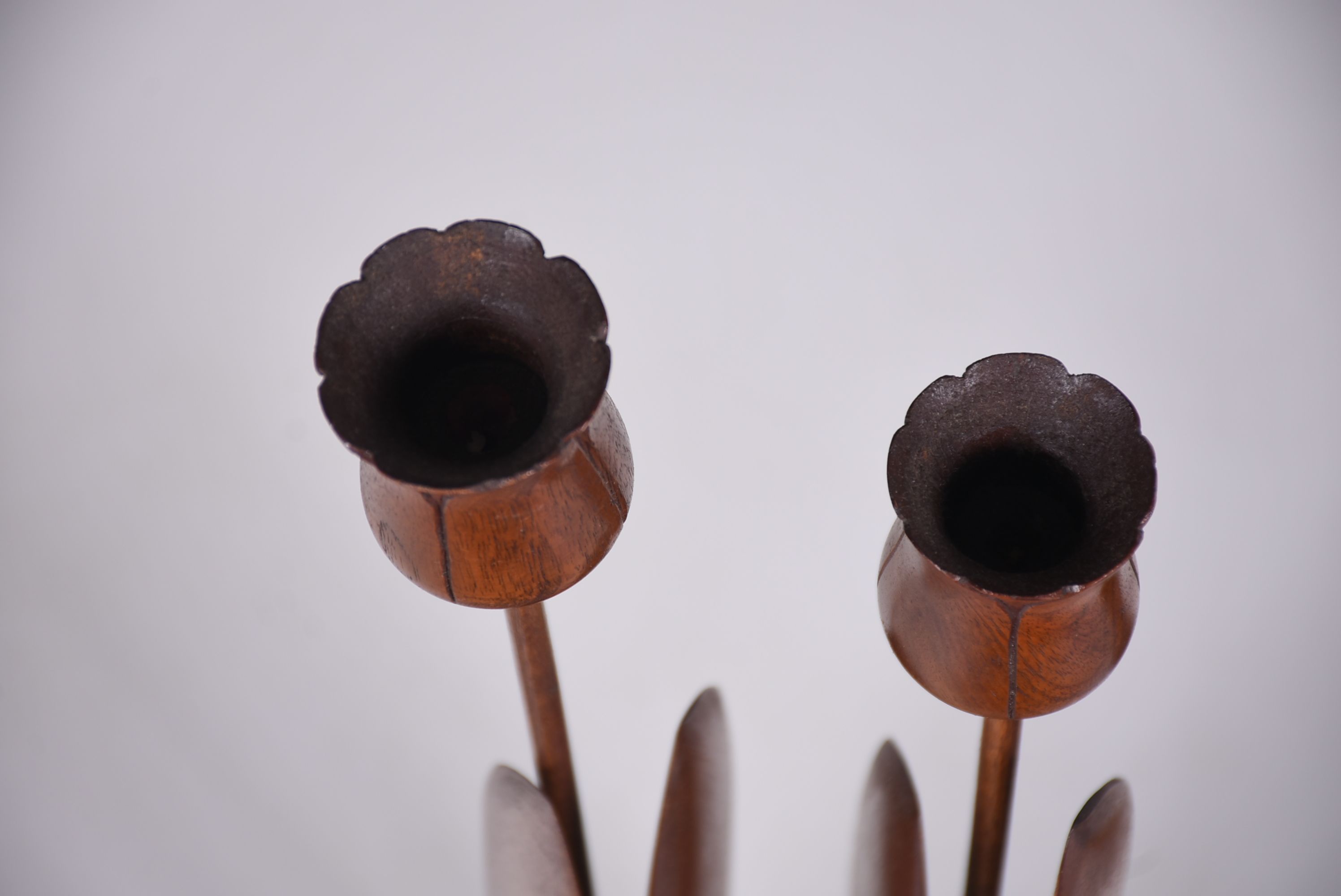 Vintage Swedish Wooden Tulip Plant Stand and Candleholders