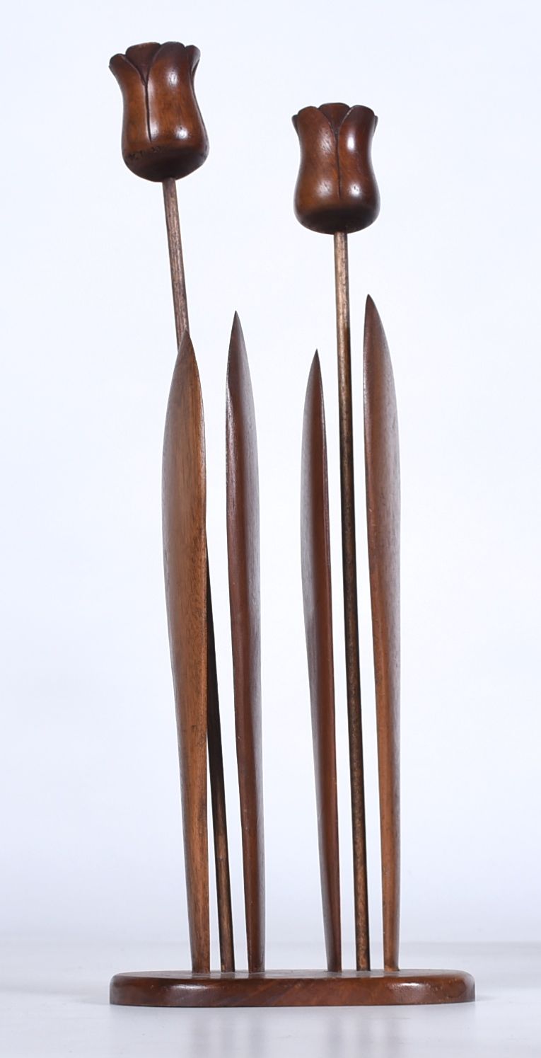 Vintage Swedish Wooden Tulip Plant Stand and Candleholders