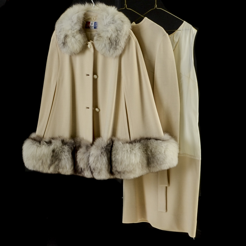 1960s Vintage Lilli Ann Knit Three Piece Ensemble with Blue Fox Trim