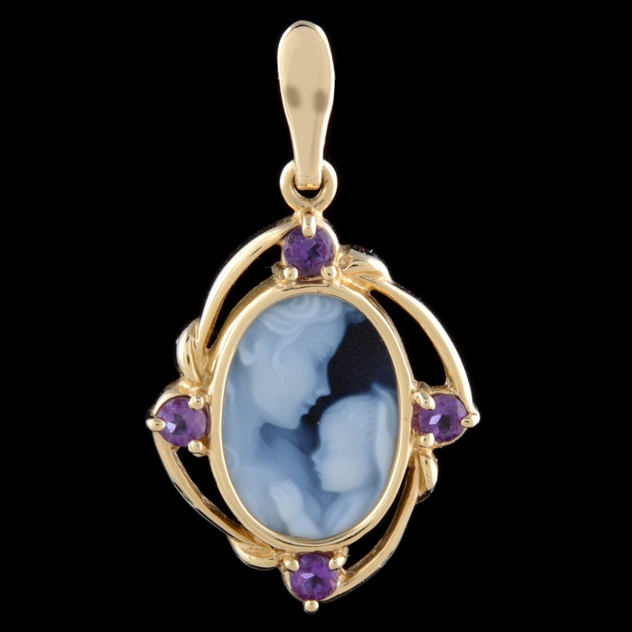 14K Yellow Gold Onyx and Amethyst Cameo Pendant