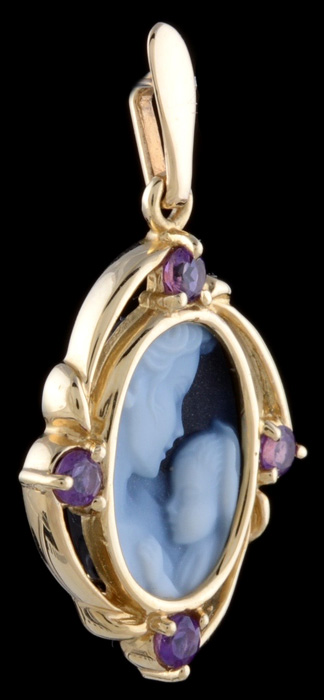 14K Yellow Gold Onyx and Amethyst Cameo Pendant
