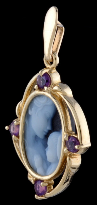 14K Yellow Gold Onyx and Amethyst Cameo Pendant