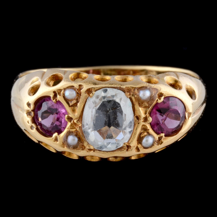 18K Gold Aquamarine Garnet Seed Pearl Ring