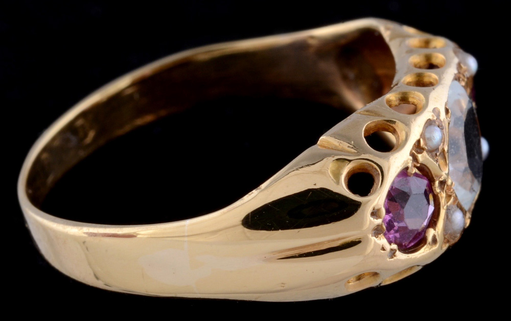 18K Gold Aquamarine Garnet Seed Pearl Ring