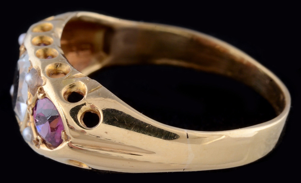 18K Gold Aquamarine Garnet Seed Pearl Ring