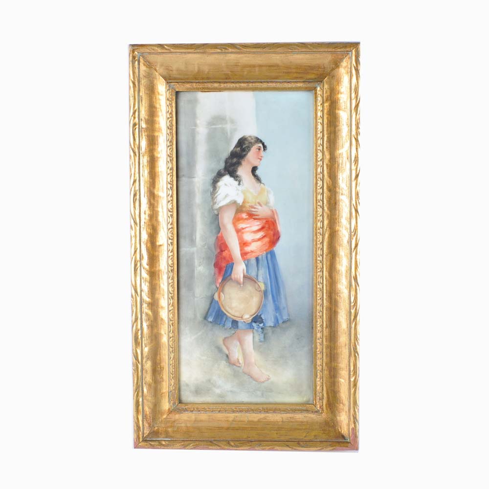 Original Oil on Porcelain Painting of Gypsy with Tambourine