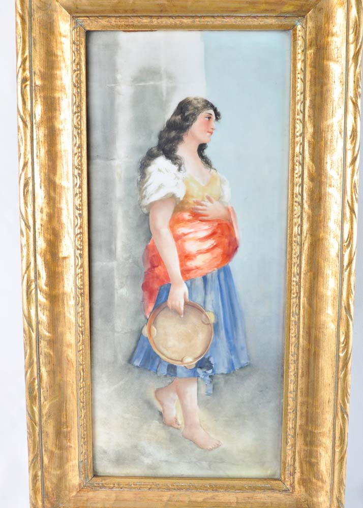 Original Oil on Porcelain Painting of Gypsy with Tambourine