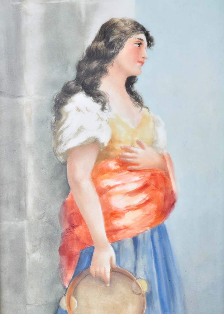 Original Oil on Porcelain Painting of Gypsy with Tambourine