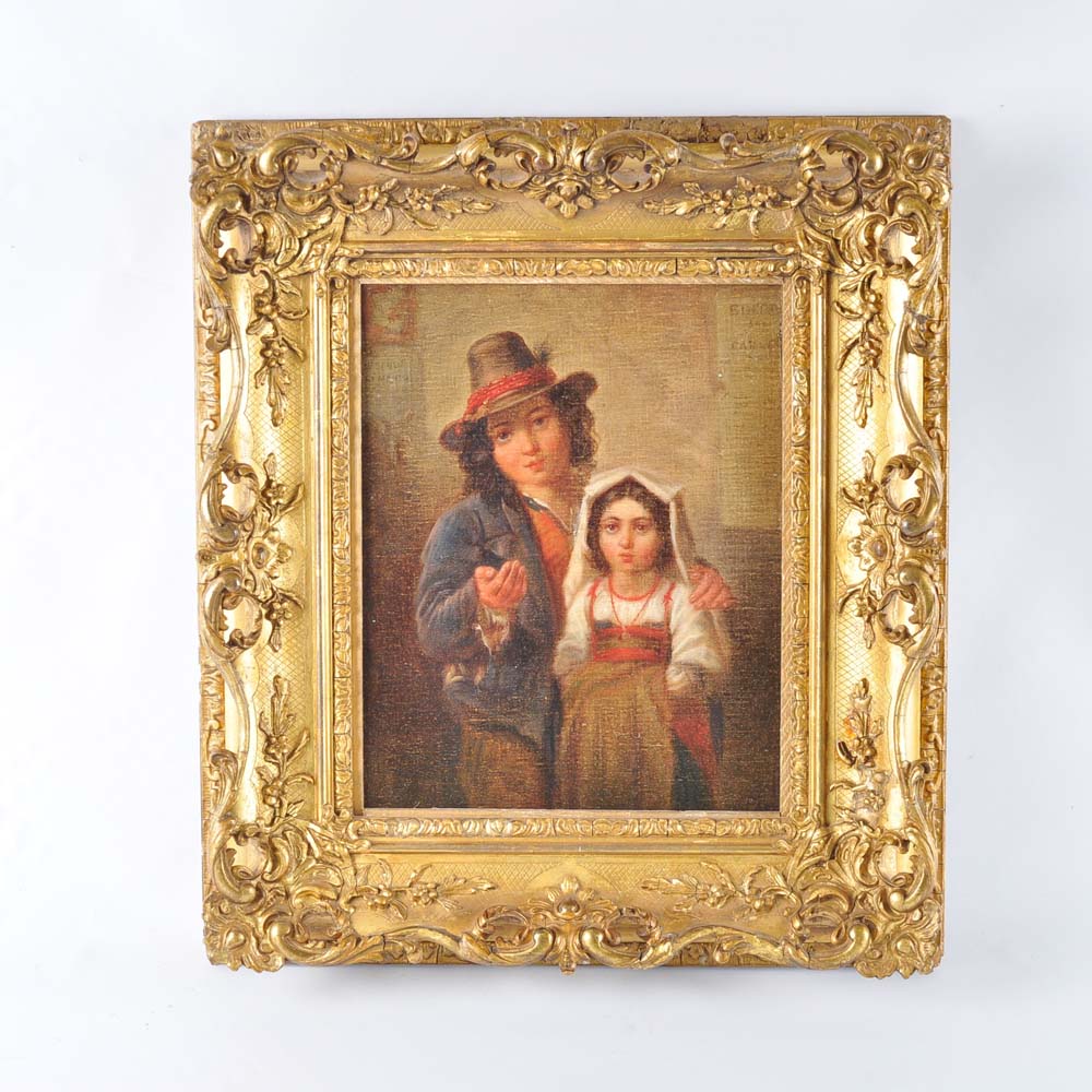 Original Oil on Canvas Painting of Begging Man with Daughter