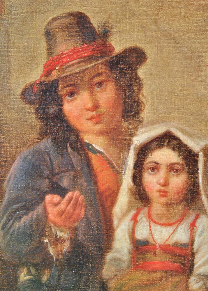 Original Oil on Canvas Painting of Begging Man with Daughter