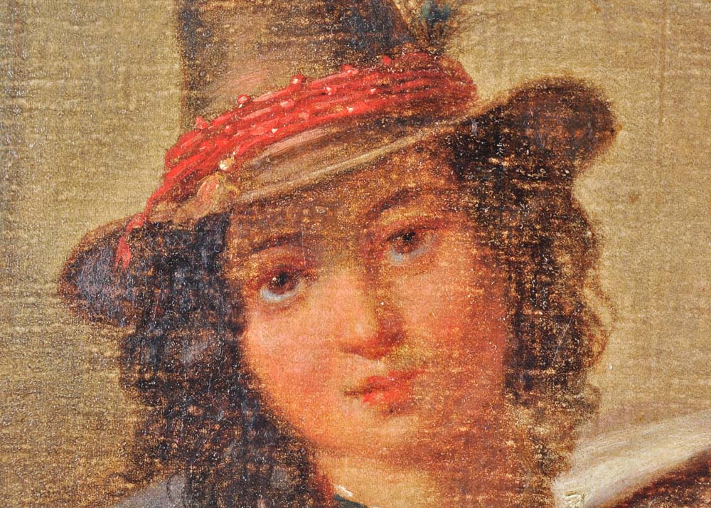 Original Oil on Canvas Painting of Begging Man with Daughter