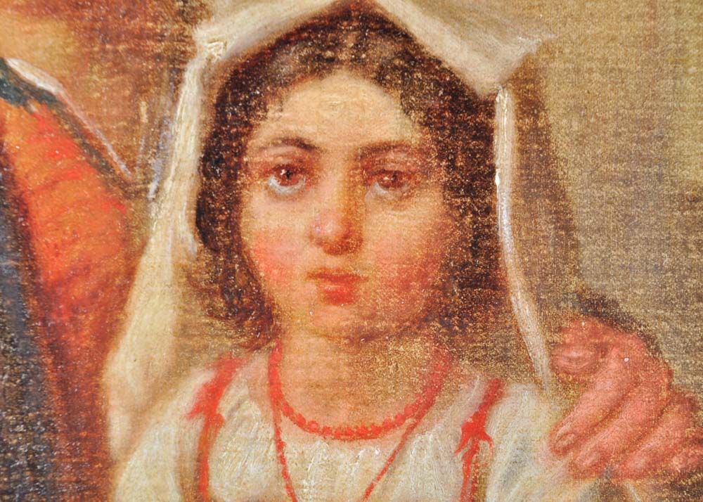 Original Oil on Canvas Painting of Begging Man with Daughter