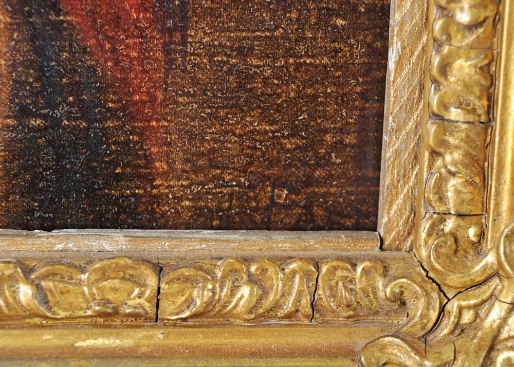 Original Oil on Canvas Painting of Begging Man with Daughter