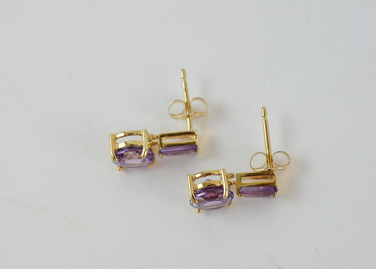 14K Yellow Gold Amethyst Post Dangle Earrings