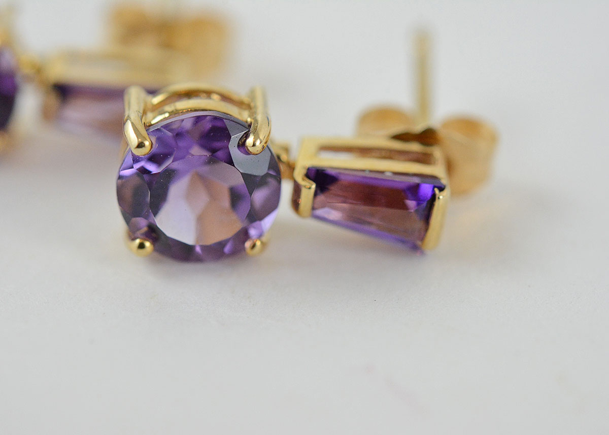 14K Yellow Gold Amethyst Post Dangle Earrings