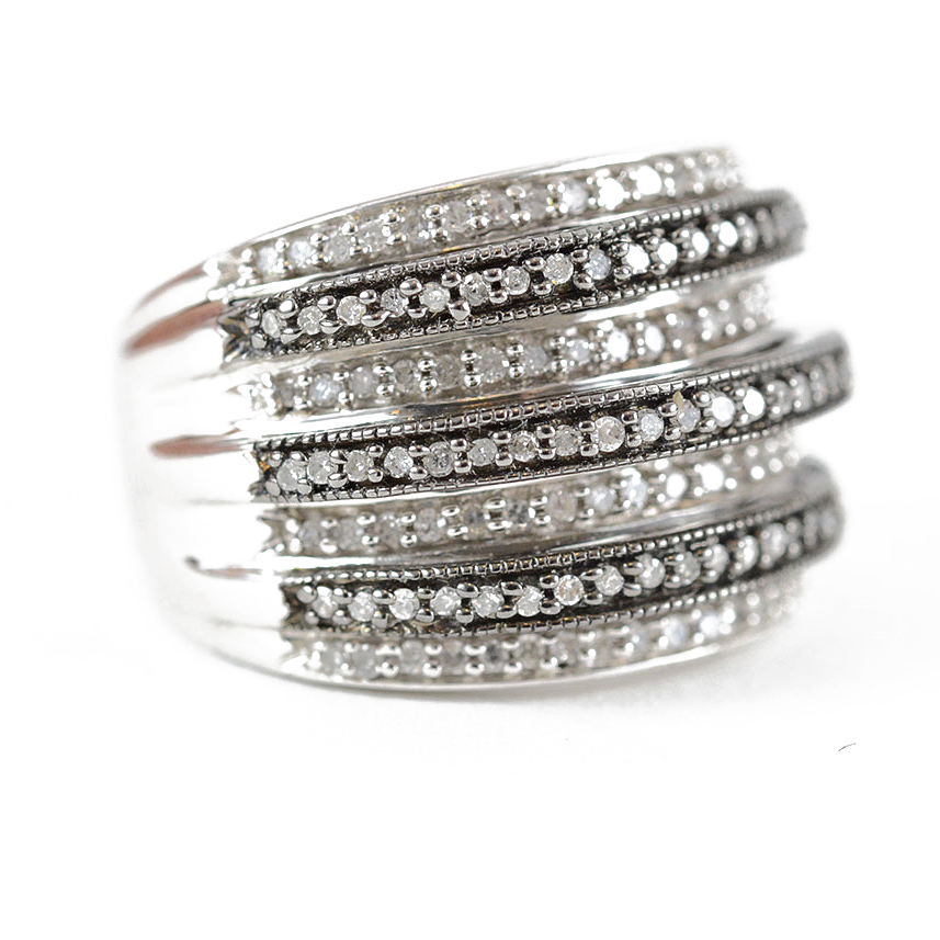 Sterling Silver and Diamond Dome Ribbed Ring