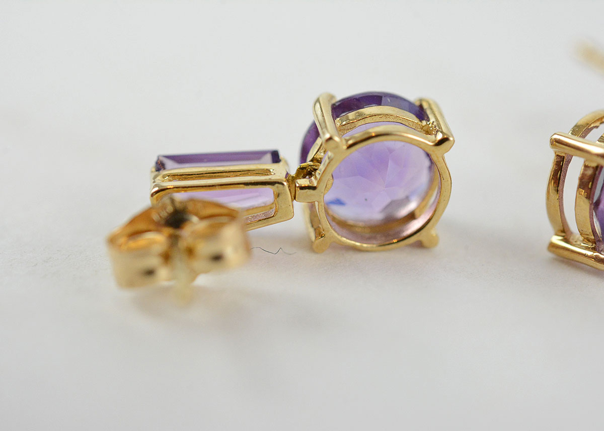 14K Yellow Gold Amethyst Post Dangle Earrings