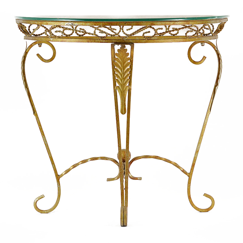 Glass Top Demilune Table with Brass Tone Metal Base