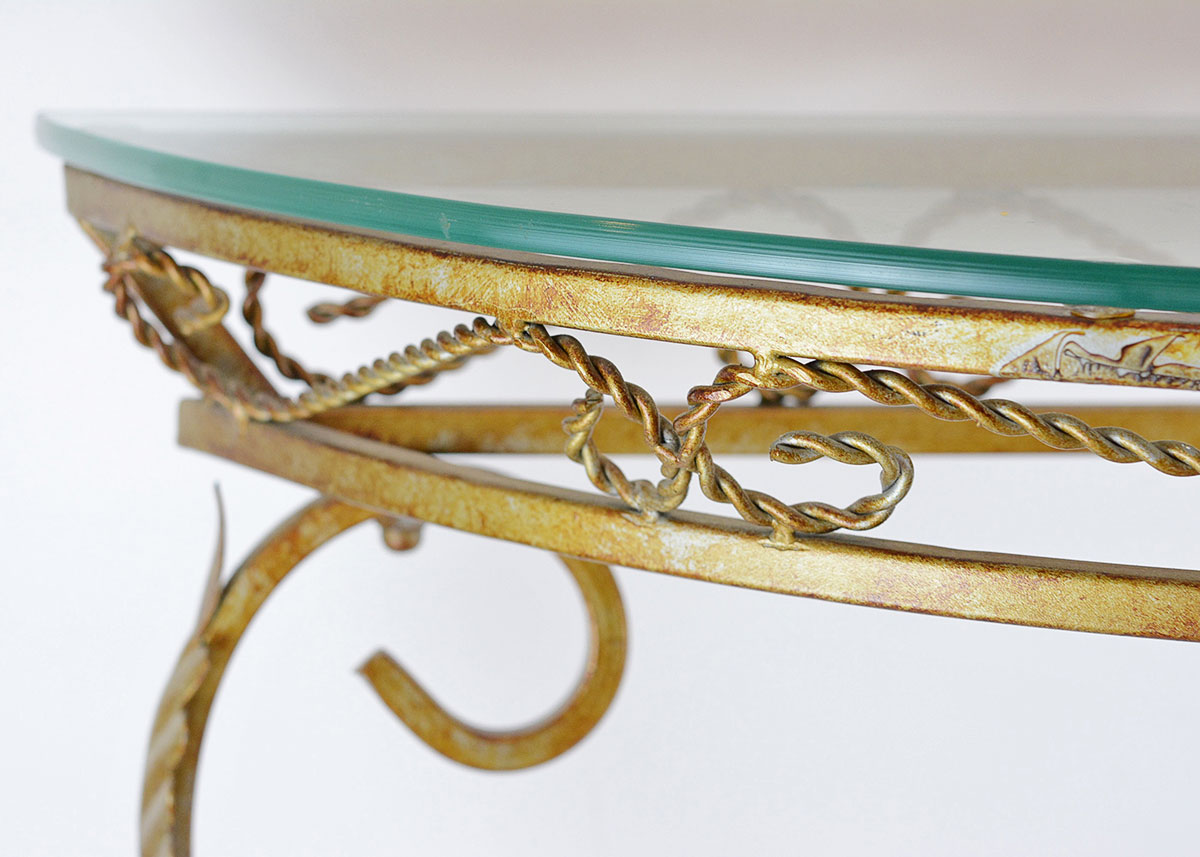 Glass Top Demilune Table with Brass Tone Metal Base