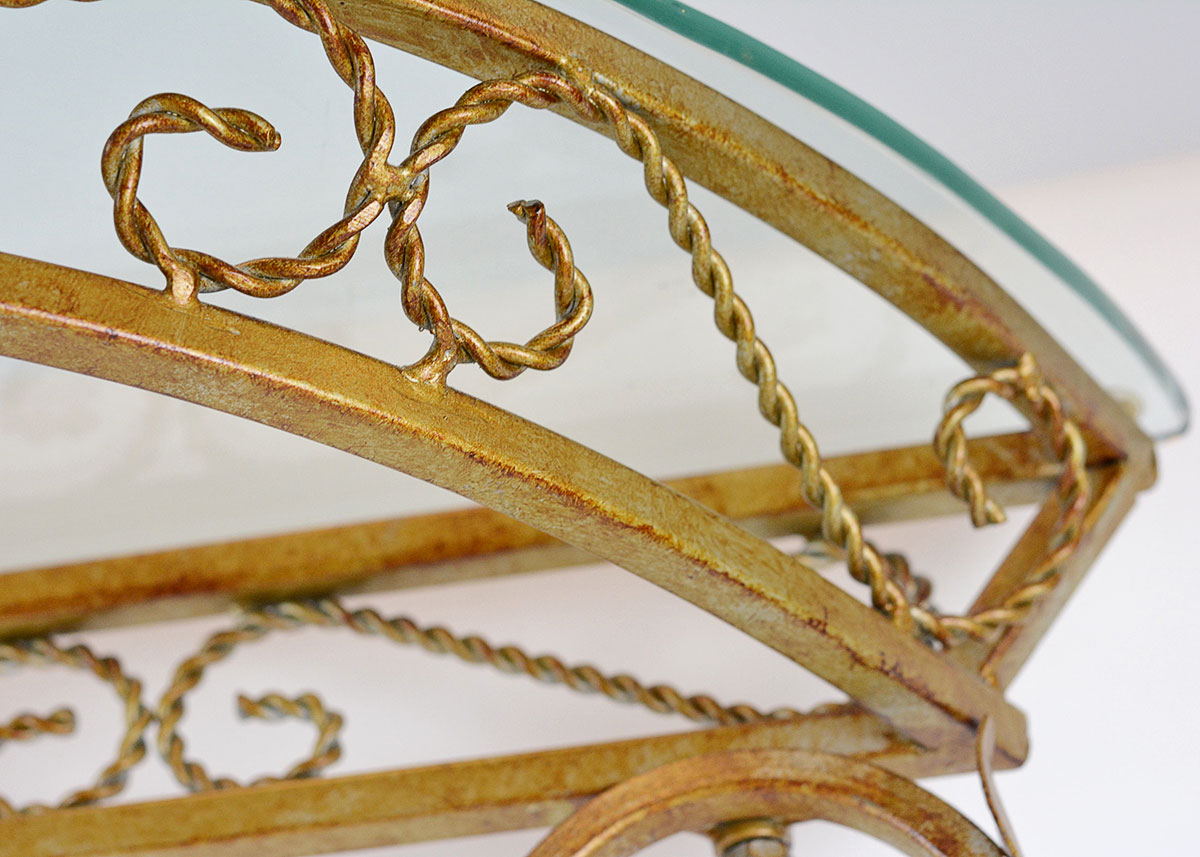 Glass Top Demilune Table with Brass Tone Metal Base