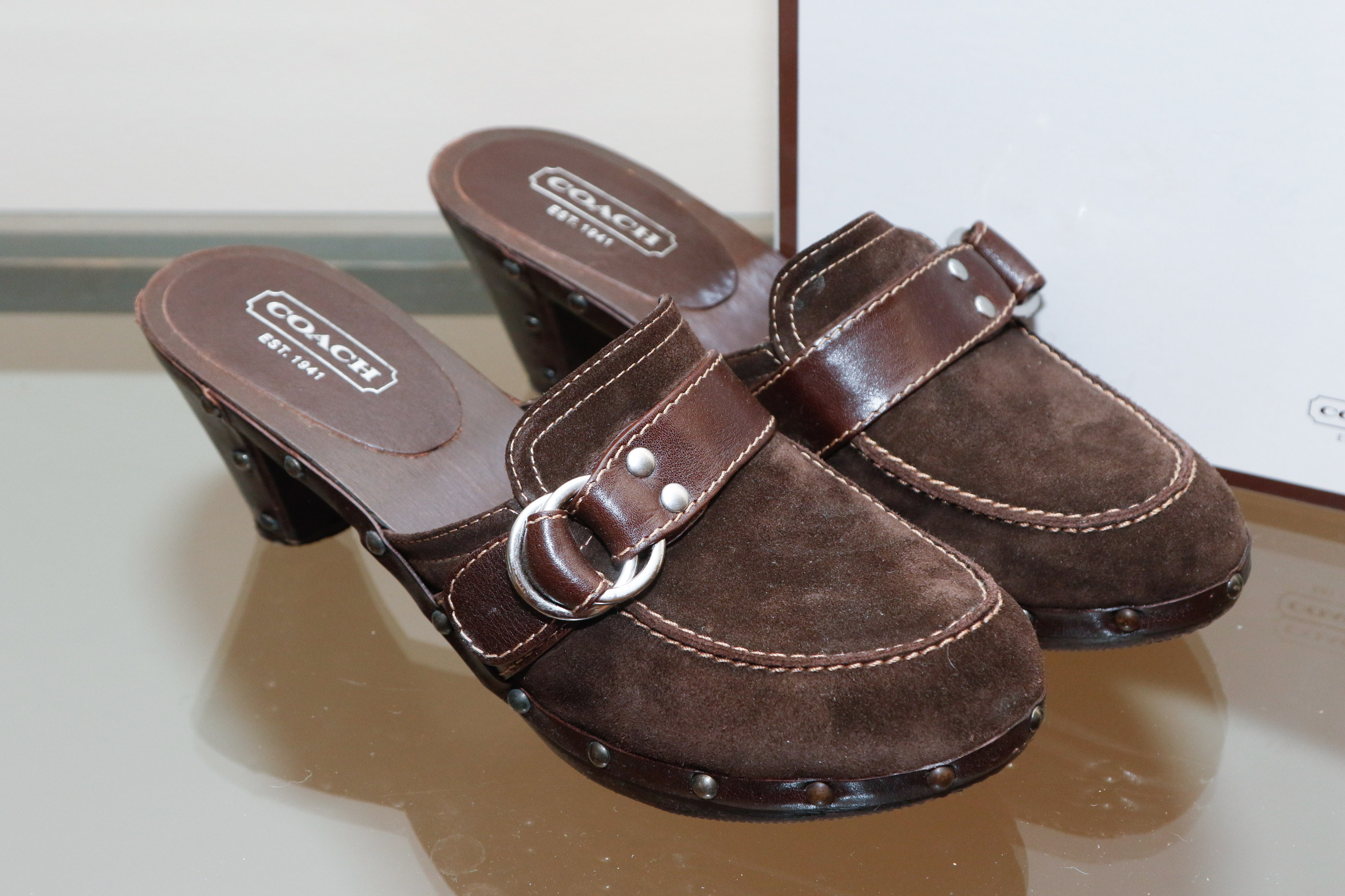 Coach Raina Brown Suede Mules, Size 9.5