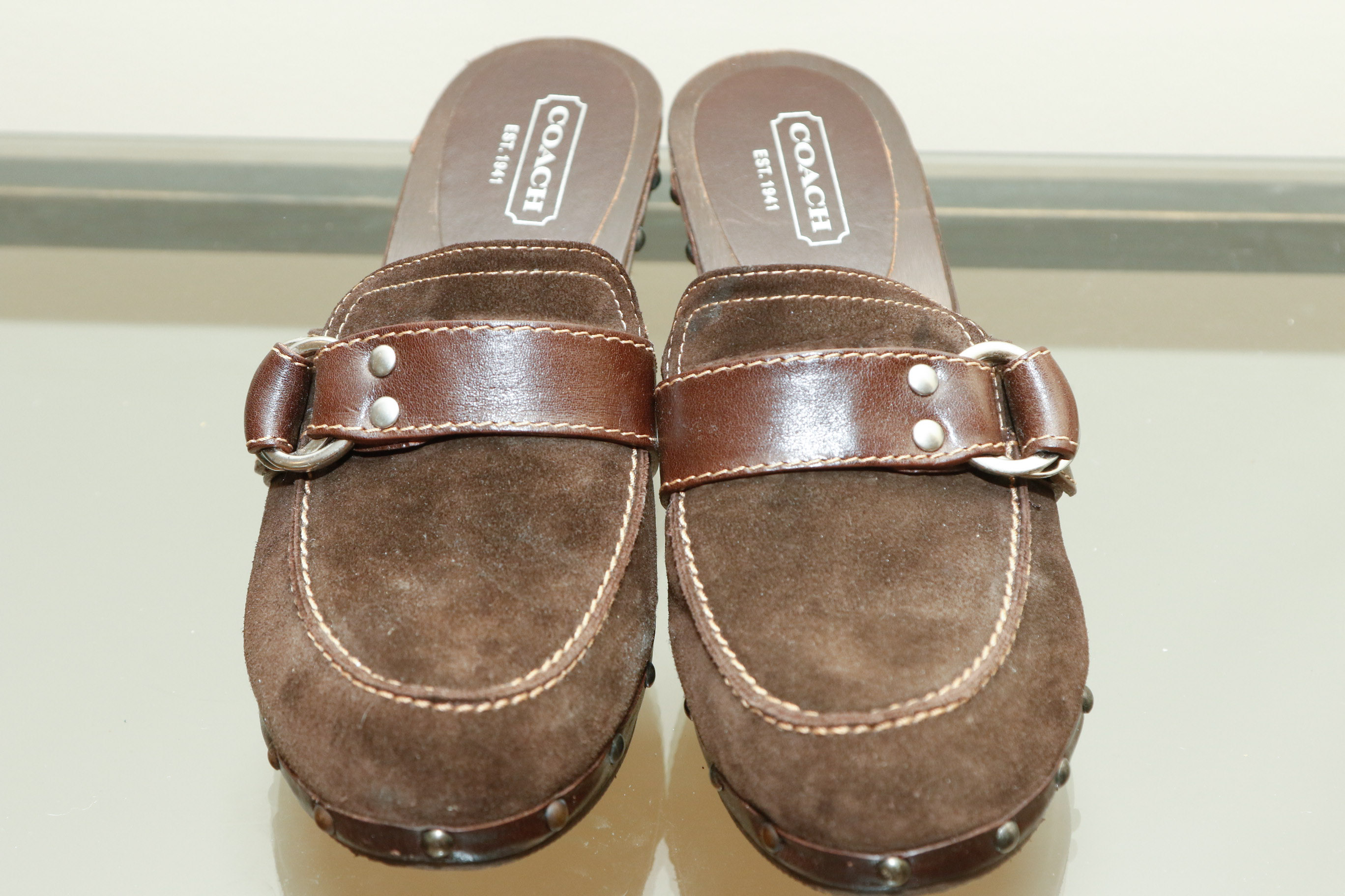 Coach Raina Brown Suede Mules, Size 9.5