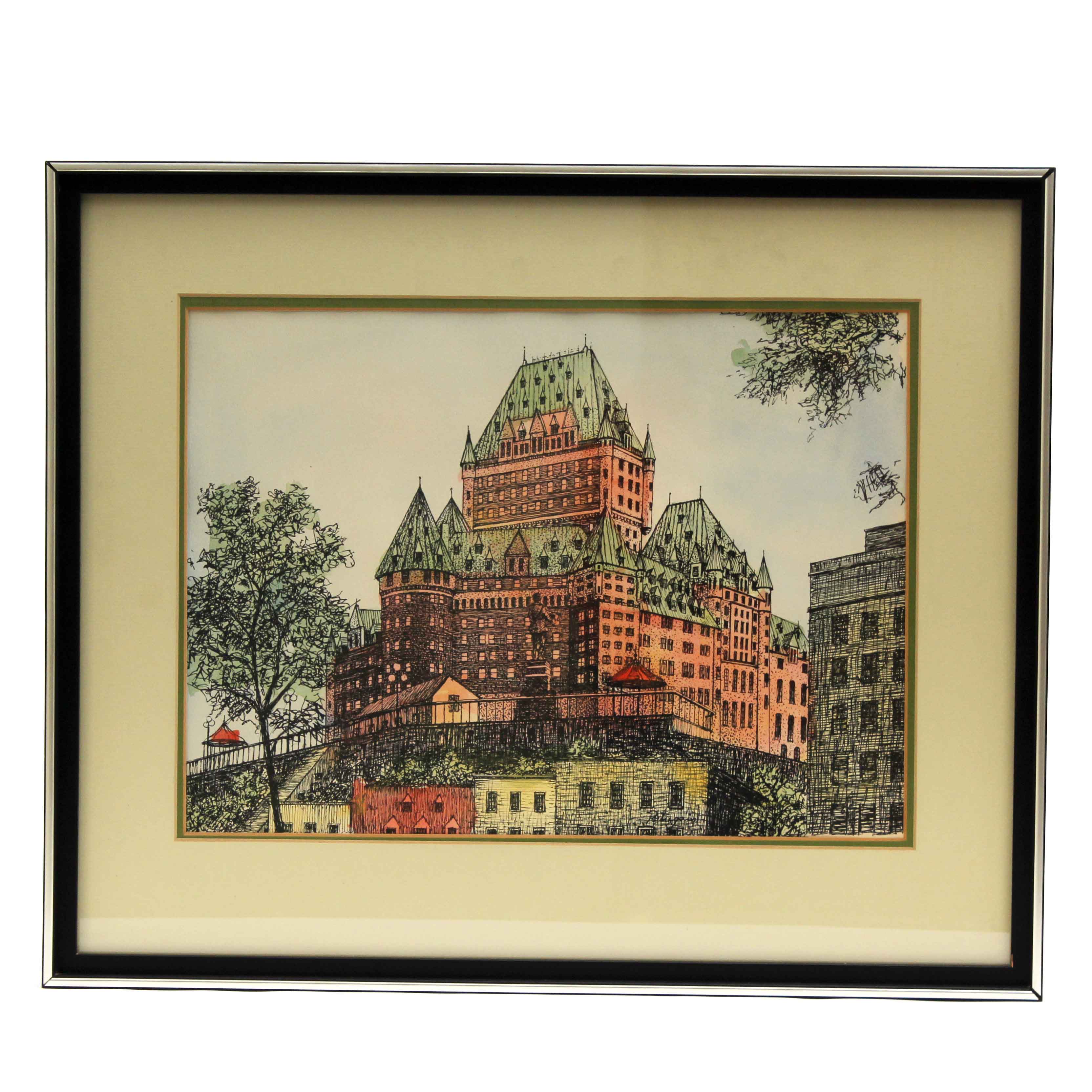 Hand Tinted Lithograph of Chateau Frontenac Quebec City
