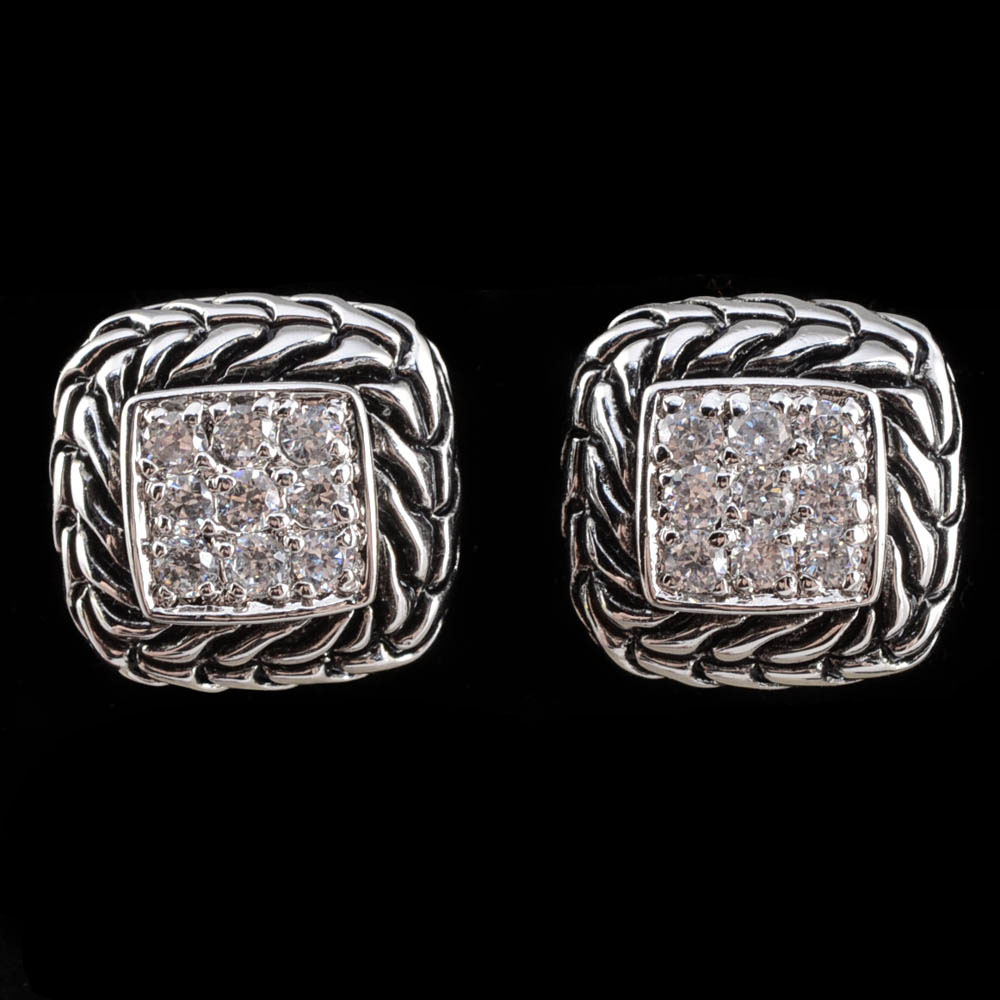 Yurman Style Square Shaped Pierced Earrings with Rhinestones