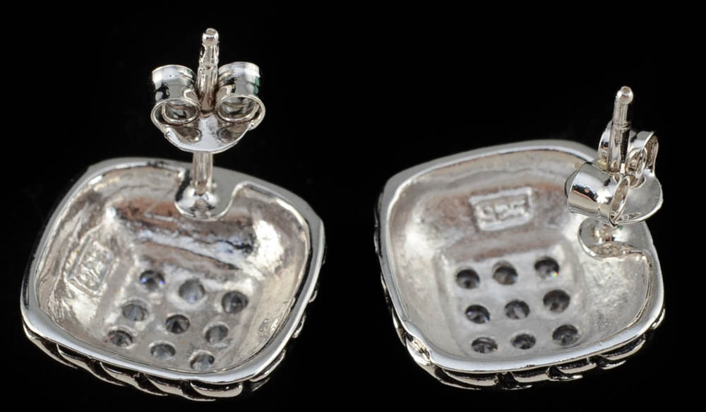 Yurman Style Square Shaped Pierced Earrings with Rhinestones