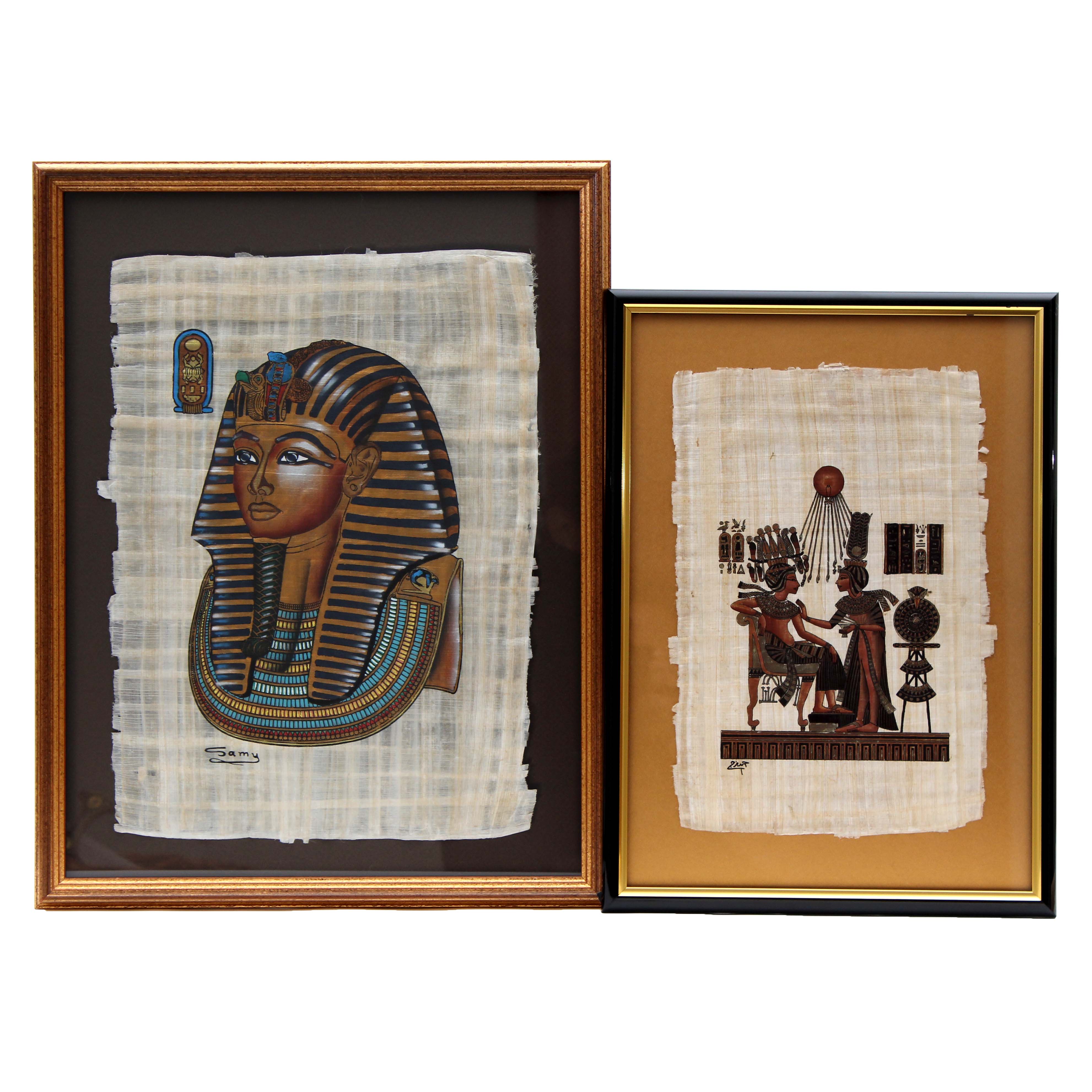 Pair of Framed Tutankhamun Egyptian Papyrus Paintings