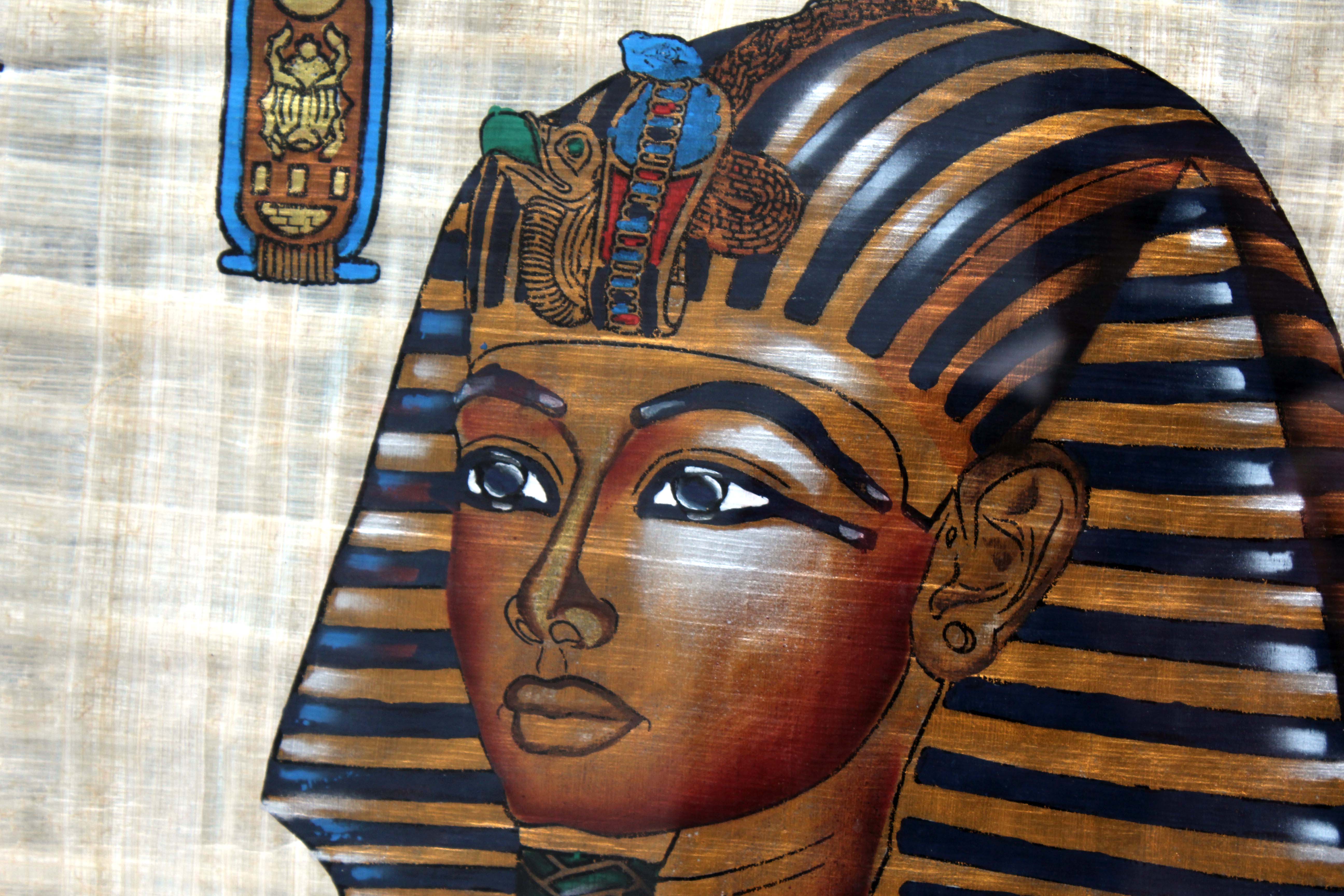 Pair of Framed Tutankhamun Egyptian Papyrus Paintings