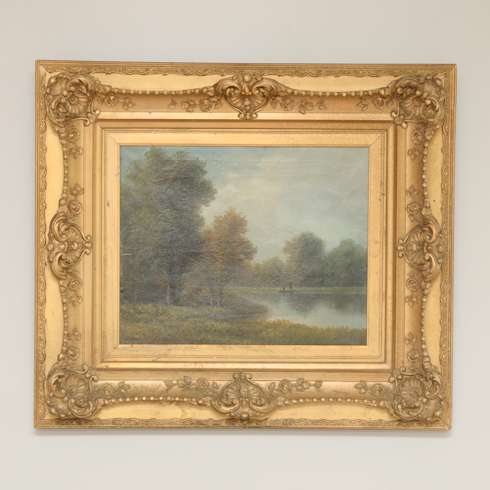 D. Amos Landscape Oil Painting in an Ornate Frame