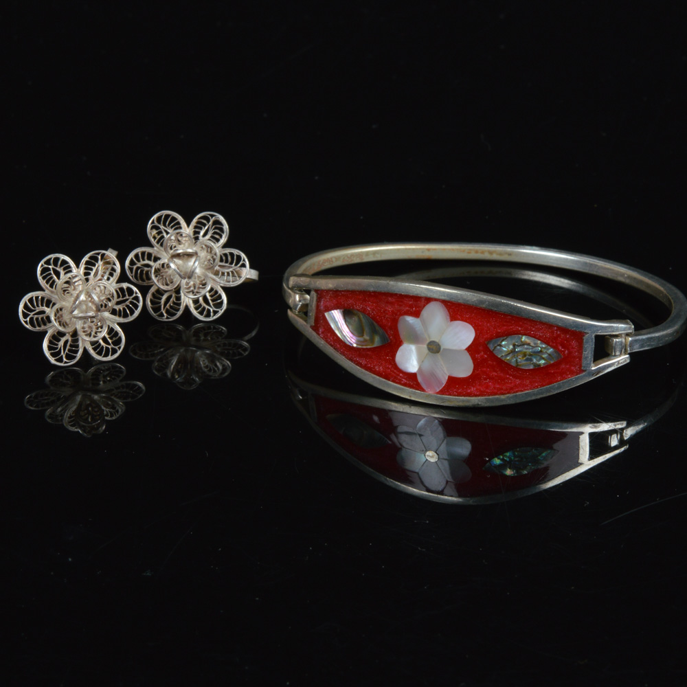 Mexican Silver Bracelet and Earrings