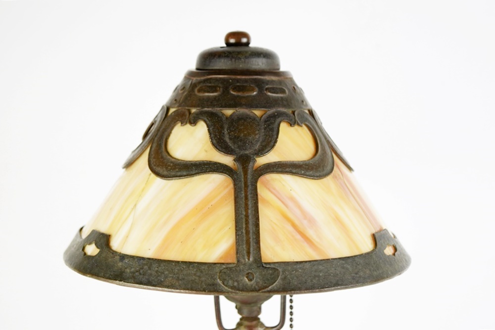 Antique Bronze Art Nouveau "Handel" Lamp with Slag Glass Shade, Signed