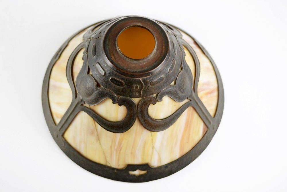 Antique Bronze Art Nouveau "Handel" Lamp with Slag Glass Shade, Signed