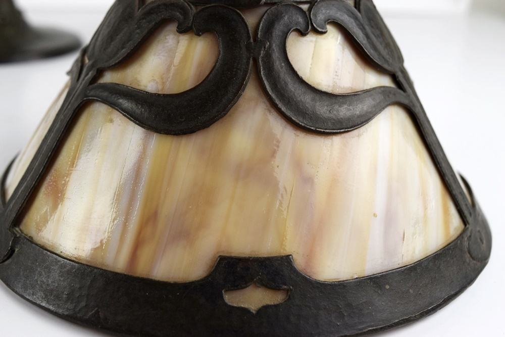 Antique Bronze Art Nouveau "Handel" Lamp with Slag Glass Shade, Signed