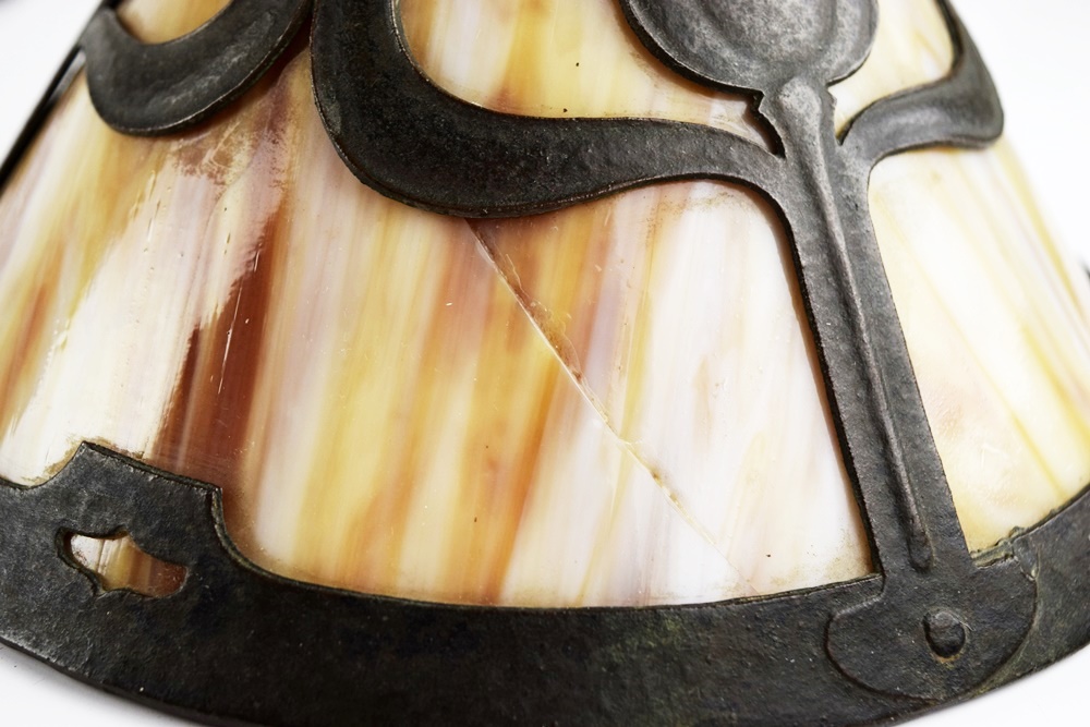 Antique Bronze Art Nouveau "Handel" Lamp with Slag Glass Shade, Signed