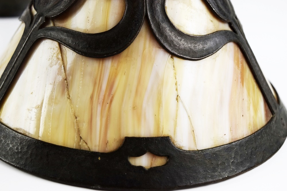 Antique Bronze Art Nouveau "Handel" Lamp with Slag Glass Shade, Signed