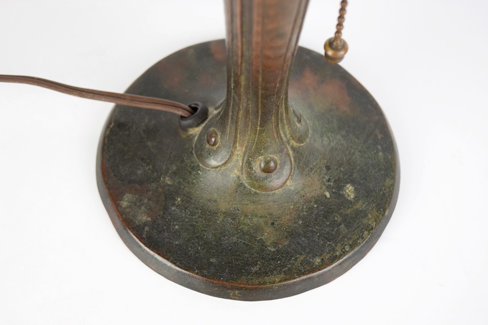 Antique Bronze Art Nouveau "Handel" Lamp with Slag Glass Shade, Signed