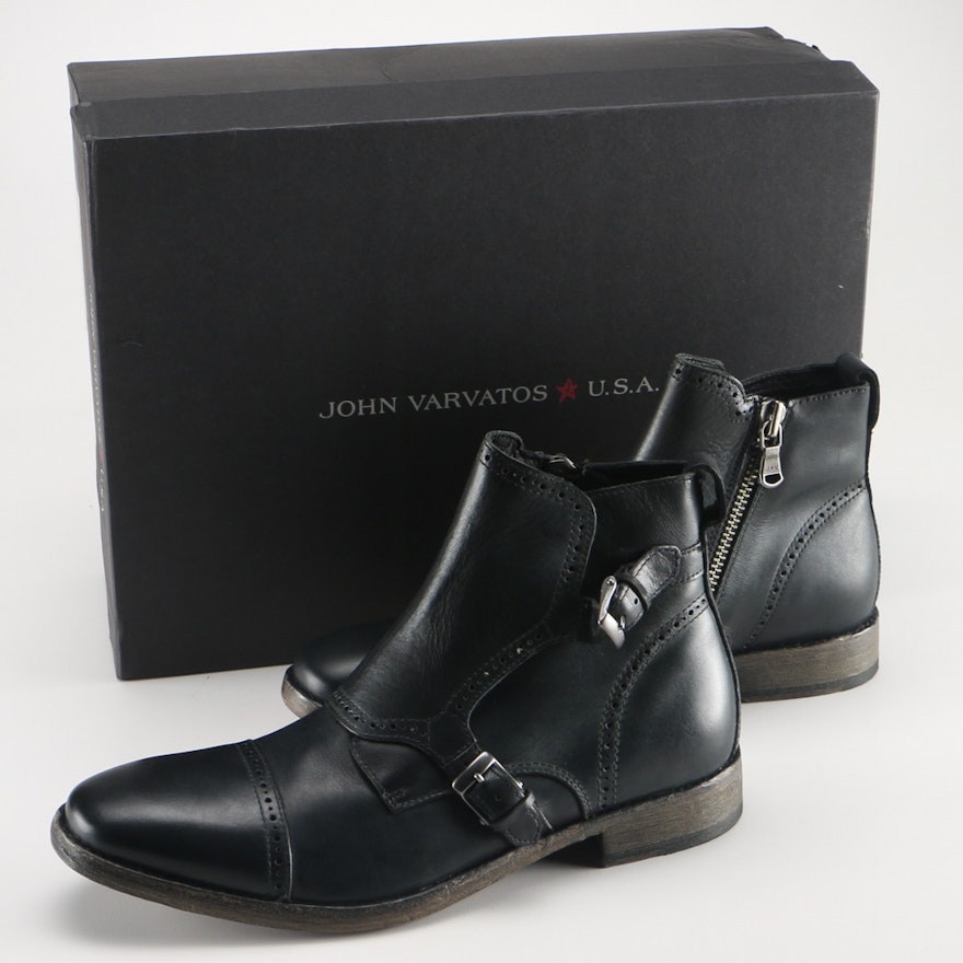 John Varvatos Leather Stanley Brogued Monk Boots