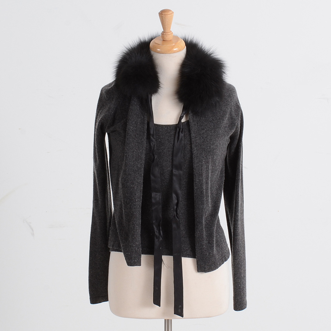 Jon Silk and Cashmere Blend Sweater Set with Fox Collar