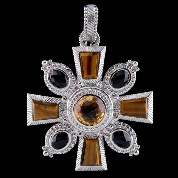 Judith Ripka Sterling Silver Tiger Eye, Black Onyx and Citrine Cross Pendant